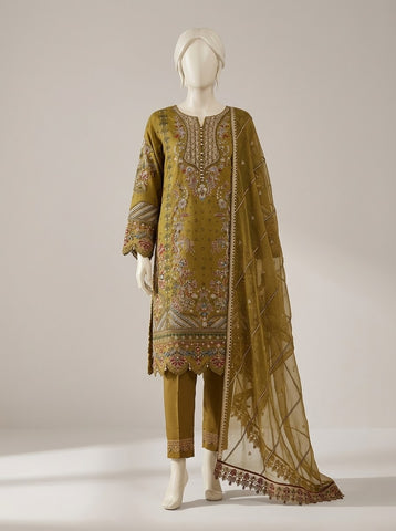 Women Embroidered 3PC Formal Suit - Emerald Green & Mustard