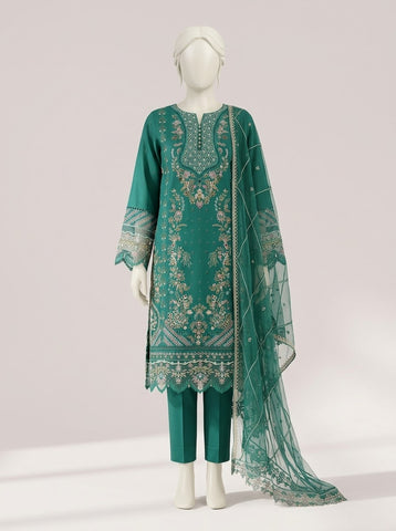 Women Embroidered 3PC Formal Suit - Emerald Green & Mustard