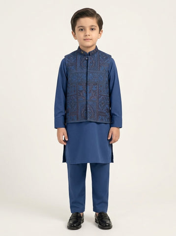 Boys Embroidered Waistcoat Kurta Shalwar 3-Piece Suit - 1 to 12 Years
