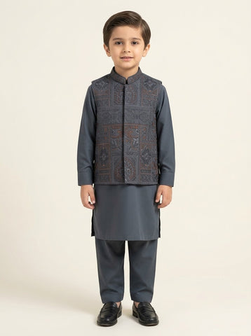 Boys Embroidered Waistcoat Kurta Shalwar 3-Piece Suit - 1 to 12 Years