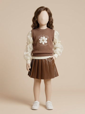 MW162 - Girls Flower Sweater Vest, Organza Puff Sleeve Top & Skirt 3-Piece Set - 1 to 7 Years