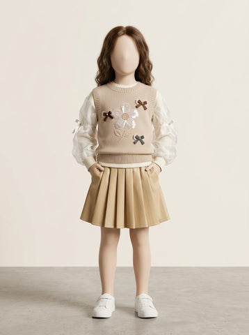 MW162 - Girls Flower Sweater Vest, Organza Puff Sleeve Top & Skirt 3-Piece Set - 1 to 7 Years