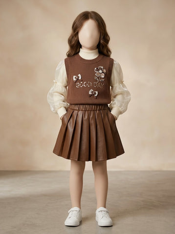 MW162 - Girls Flower Sweater Vest, Organza Puff Sleeve Top & Skirt 3-Piece Set - 1 to 7 Years