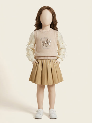 MW162 - Girls Flower Sweater Vest, Organza Puff Sleeve Top & Skirt 3-Piece Set - 1 to 7 Years