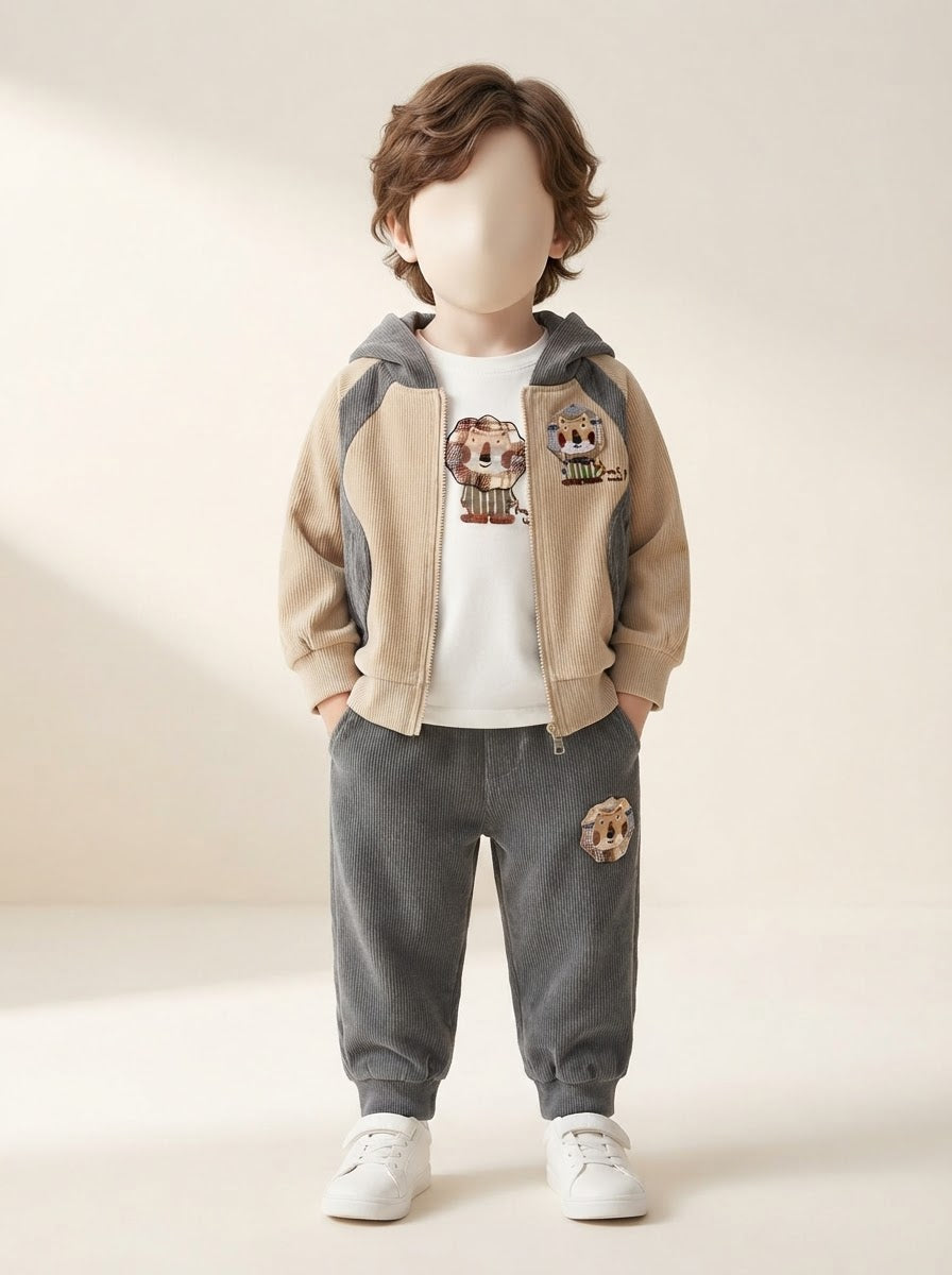 MA331 - Boys Corduroy Hooded Jacket, Tee & Pant 3-Piece Set - 1 to 5 Years
