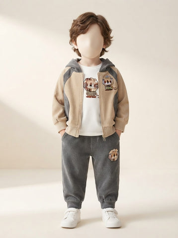 MA331 - Boys Corduroy Hooded Jacket, Tee & Pant 3-Piece Set - 1 to 5 Years